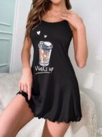 ⁦كاش مايو قصير من القطن حماله رفيعه -مطبوع-اسود⁩ - الصورة ⁦2⁩