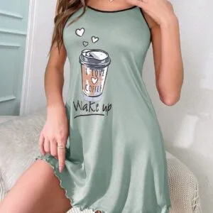 كاش مايو مسيري قطن بحمالات رفيعة ورسمة كوب Wake Up – مينت جرين