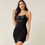 نايت شيرت قطن استريتش حماله رفيعه مطبوع - اسود