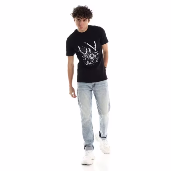 ⁦تيشرت رجالي نص كم حوض قطن  - اسود⁩ - الصورة ⁦3⁩