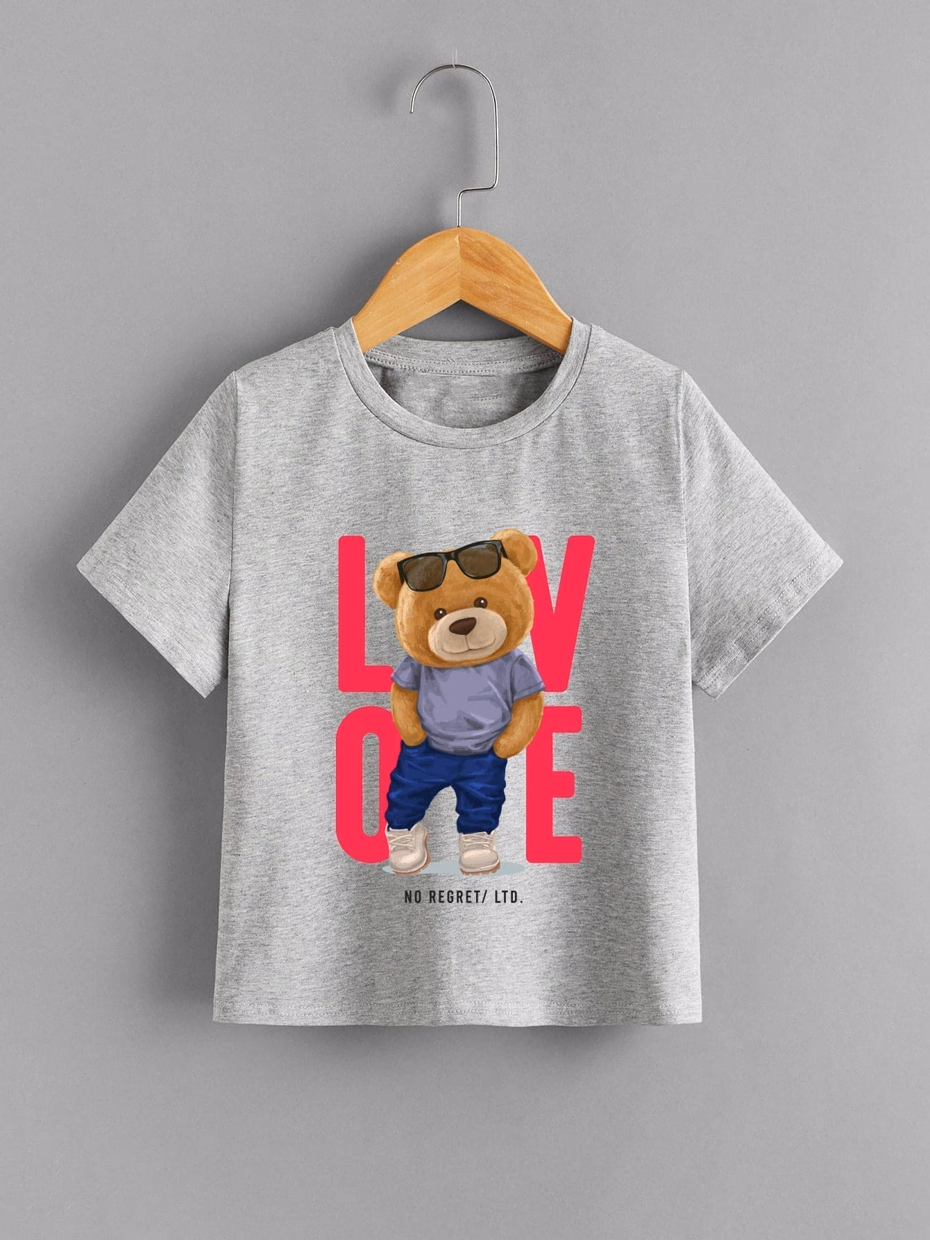 mesery-3177-colors-front تيشيرت أطفال رصاصي برسمة دب وكتابة LOVE